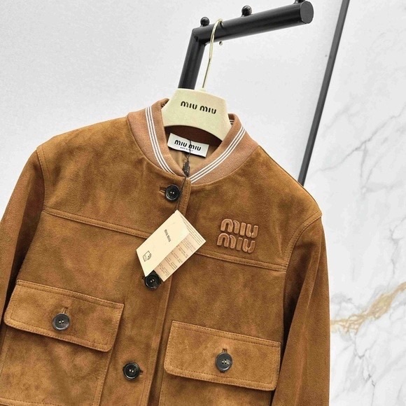 Miu Miu Brown Suede Cropped Bomber Jacket Logo Button Front Pockets - Picture 5 of 8